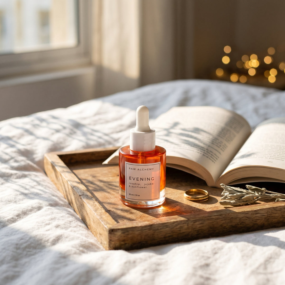 Evening face oil cozy bed moment at dusk