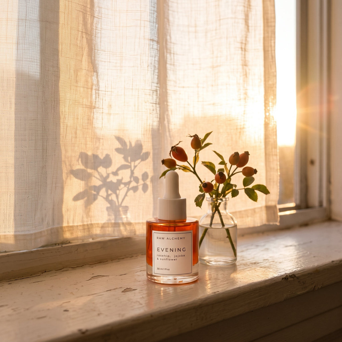 Evening face oil windowsill at sunset with rosehip sprigs