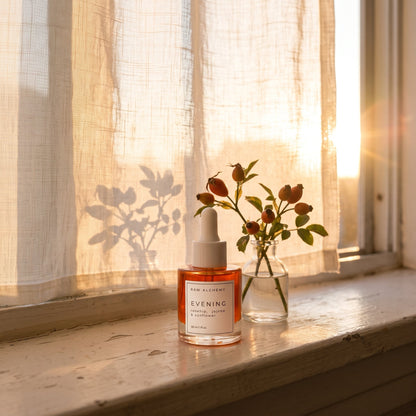 Evening face oil windowsill at sunset with rosehip sprigs