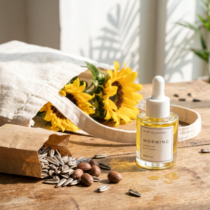 Market haul with sunflowers and Morning face oil
