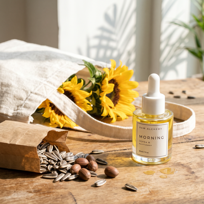 Market haul with sunflowers and Morning face oil
