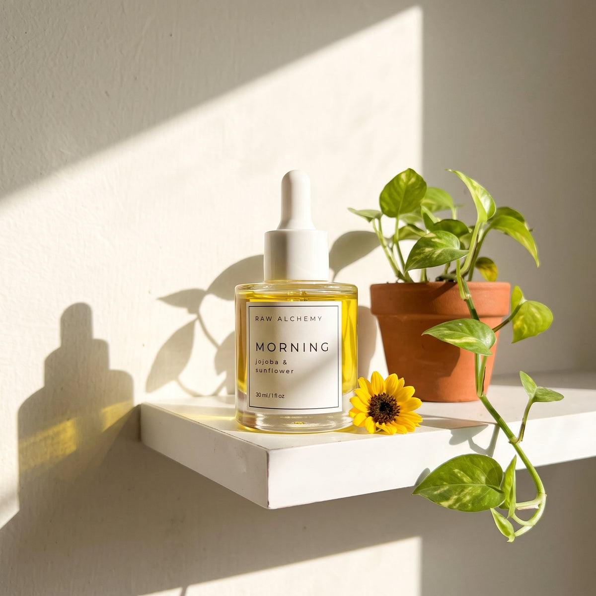Raw Alchemy Morning face oil on a sunlit shelf with pothos plant
