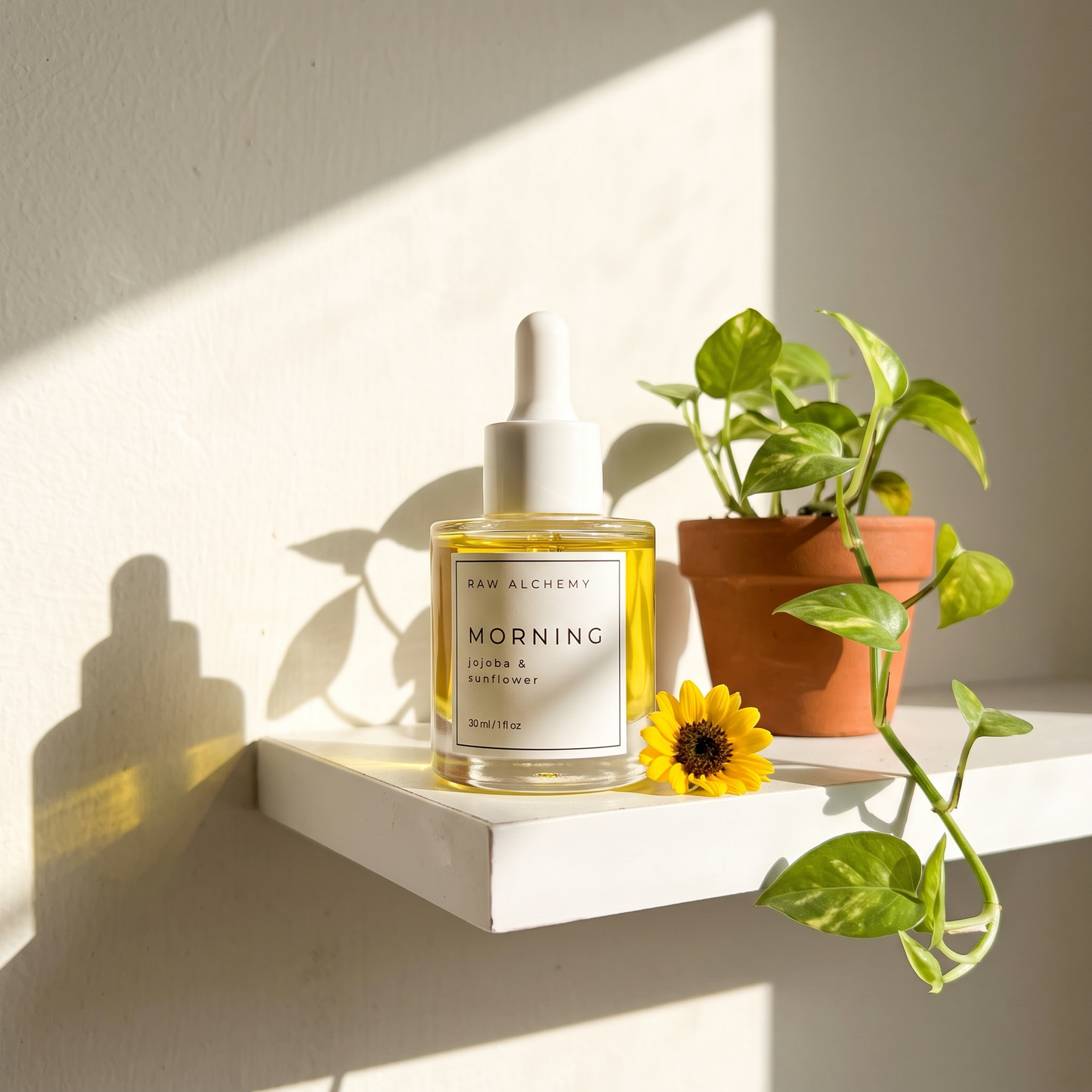 Raw Alchemy Morning face oil on a sunlit shelf with pothos plant