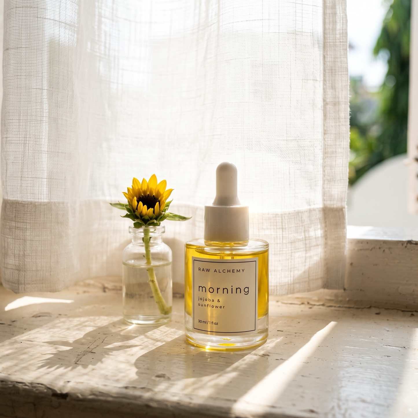 Morning face oil on windowsill with sunflower bouquet
