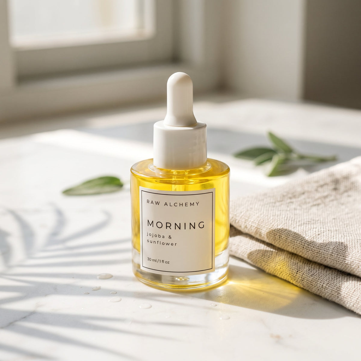 Morning face oil on marble vanity in morning sun