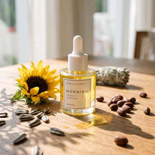 Raw ingredients of Morning oil - sunflower and jojoba beans