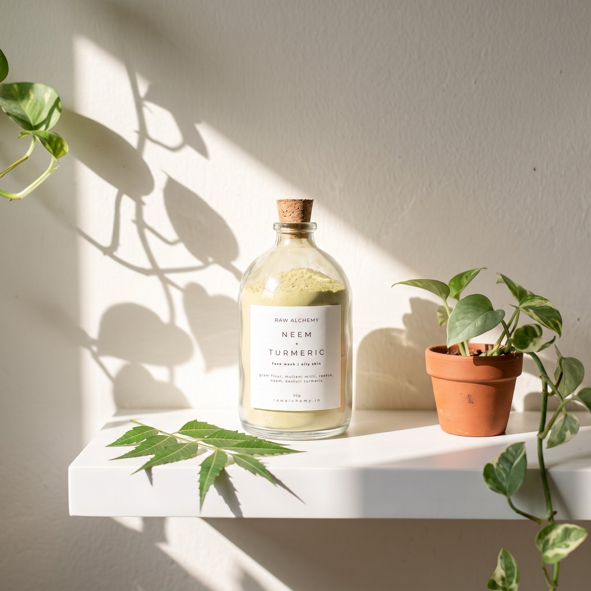 Neem Turmeric face wash on sunlit bathroom shelf