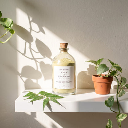 Neem Turmeric face wash on sunlit bathroom shelf
