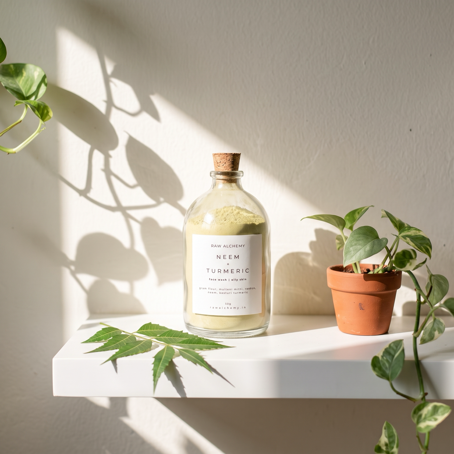 Neem Turmeric face wash on sunlit bathroom shelf