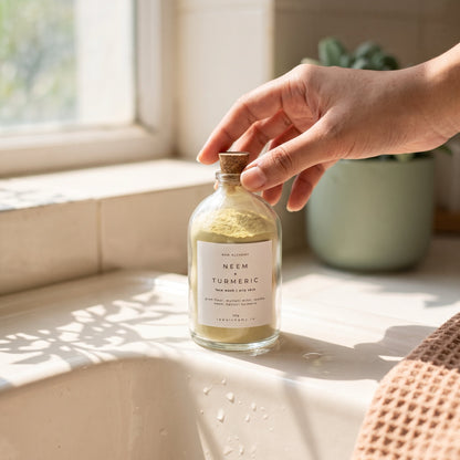 Reaching for Neem Turmeric face wash at the sink