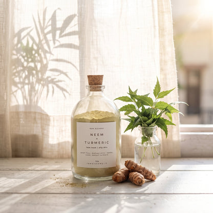 Neem Turmeric face wash on sunny windowsill with neem sprigs