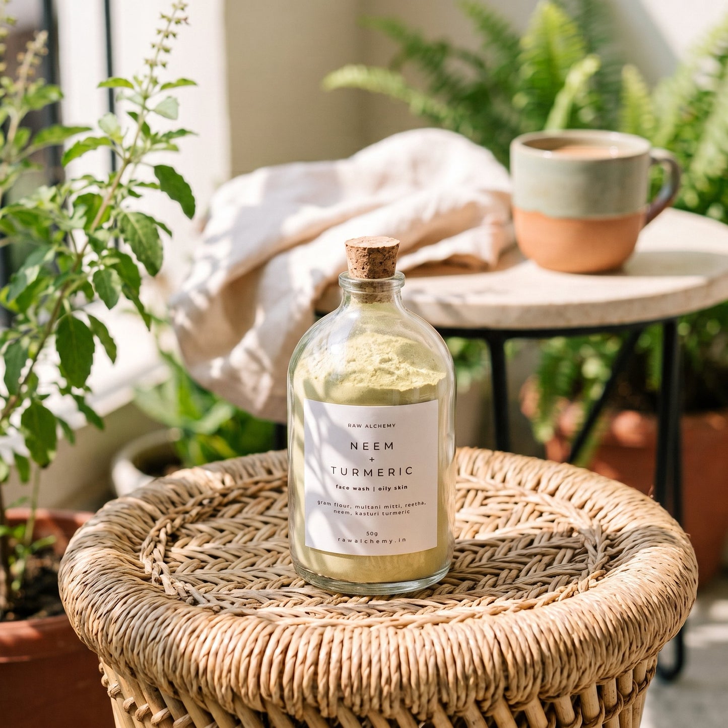 Neem Turmeric face wash in balcony garden light