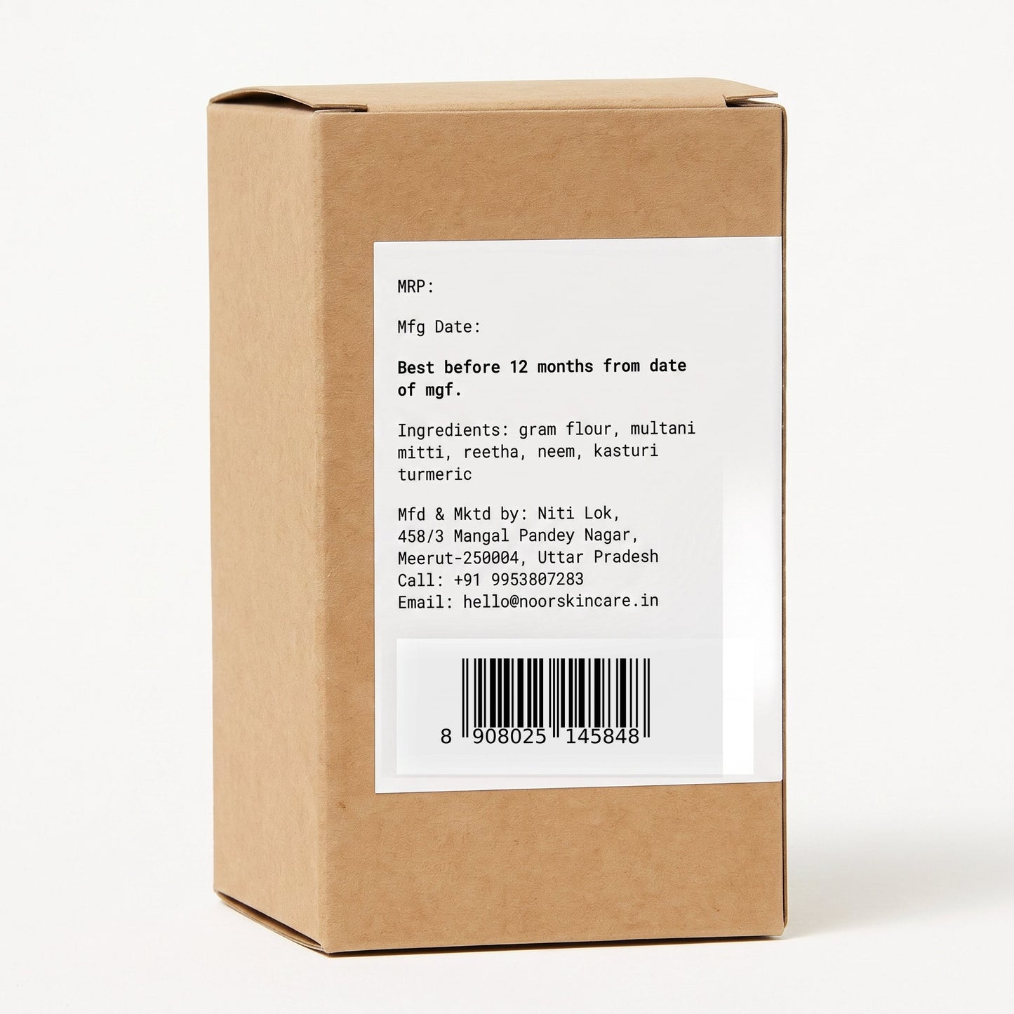 Outer box back label with ingredients and barcode