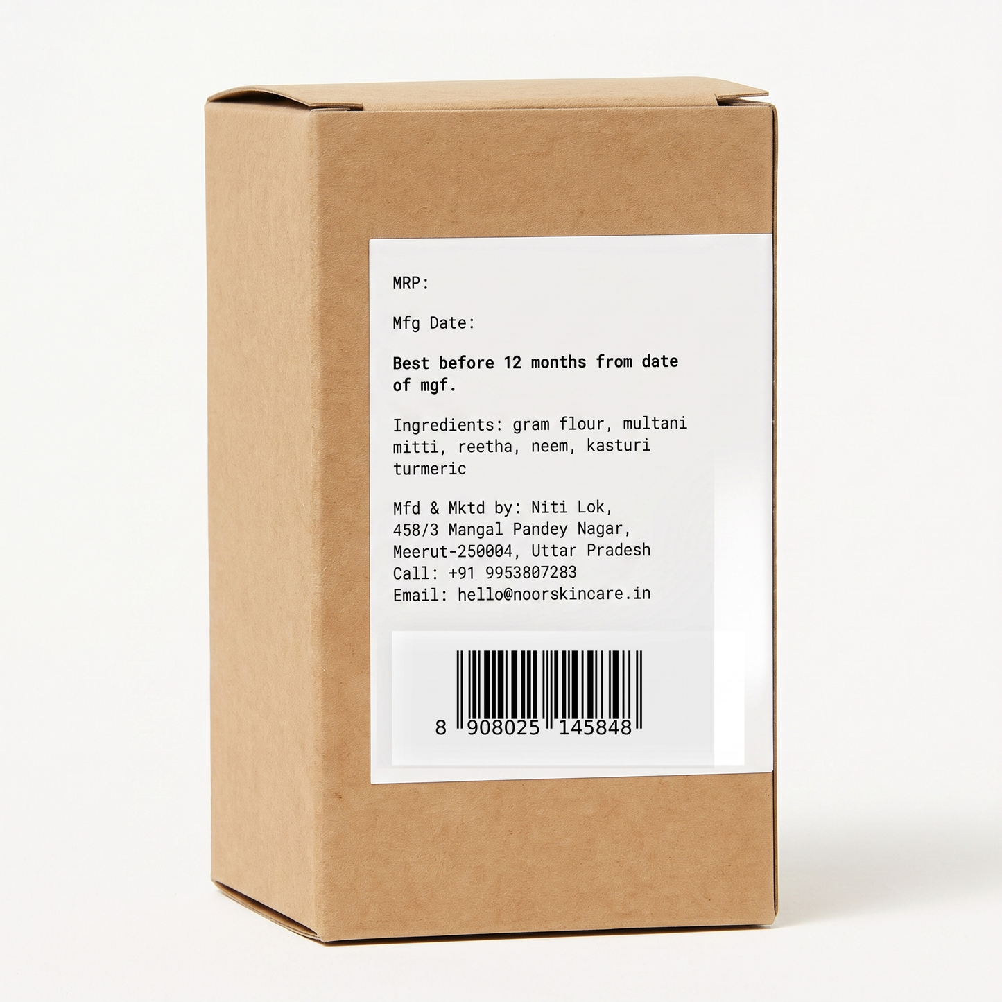Outer box back label with ingredients and barcode
