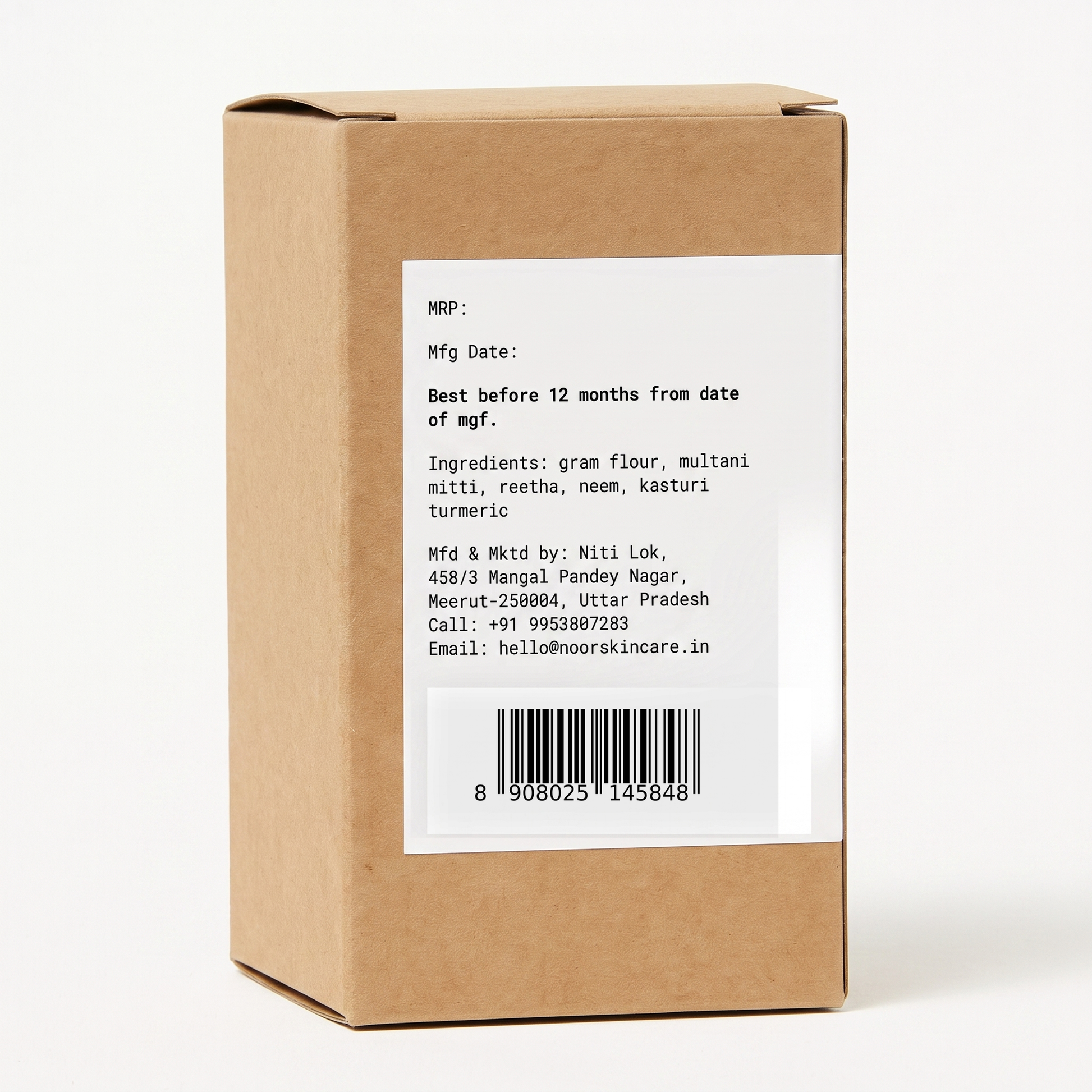 Outer box back label with ingredients and barcode
