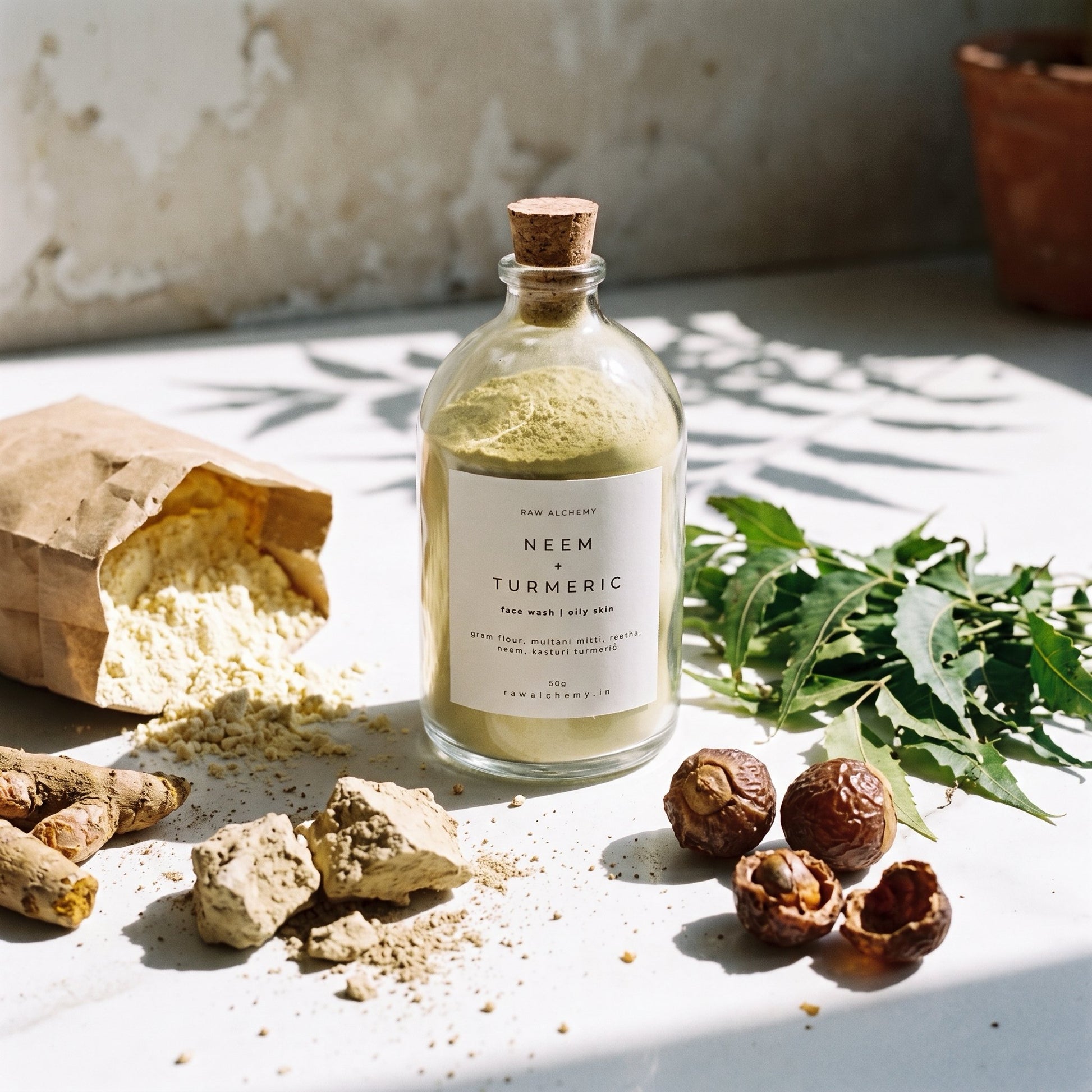 Raw ingredients - gram flour, multani mitti, reetha, neem, kasturi turmeric